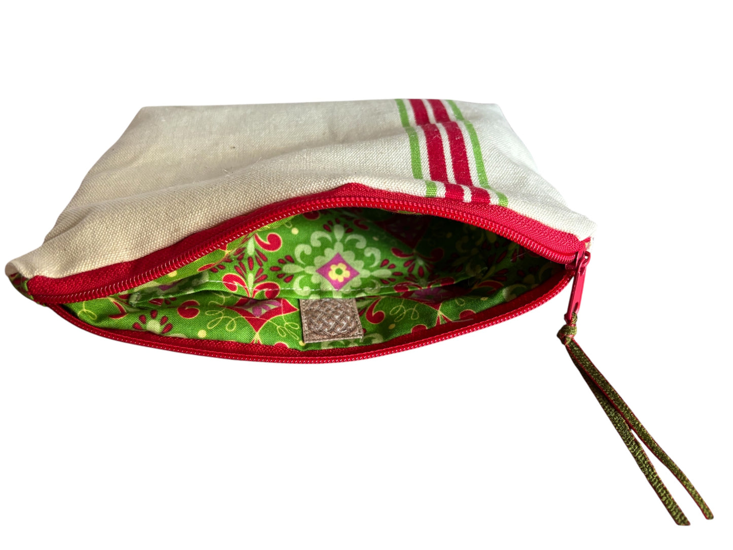 Neceser pequeño lino raya verde-rojo
